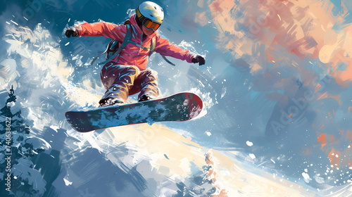 Girl jumping snowboard winter sport extreme adrenaline activity outdoor leisure recreation adventure, Generative Ai

 photo