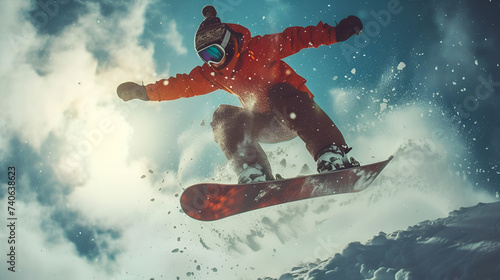 Girl jumping snowboard winter sport extreme adrenaline activity outdoor leisure recreation adventure, Generative Ai