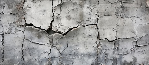 This close-up photograph showcases the cracked and peeling paint on a textured wall, revealing an intriguing interplay of patterns and textures.