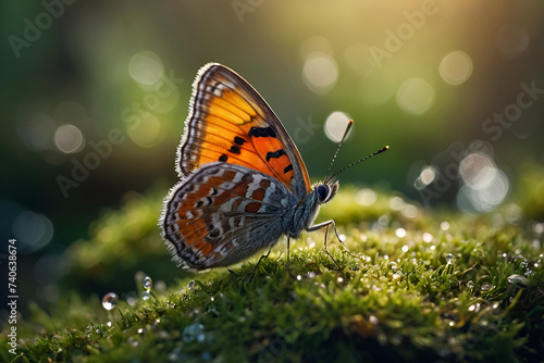 A beautiful butterfly on a moss-covered forest floor. Macro photography.