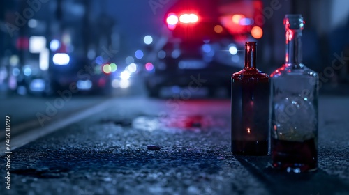 Glass bottles of alcohol drinks on the road, police car with lights on the city street at night. Dangerous collision, driving disaster, transportation incident or drunk man crime. Anger,violence,fight photo