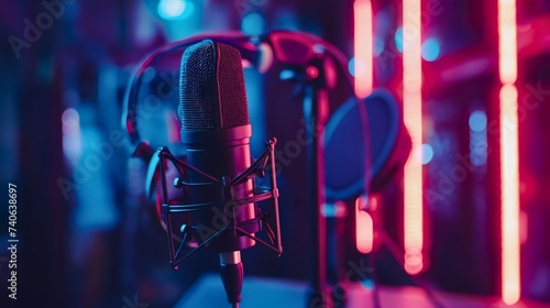 Empty podcast studio interior with no people inside. Media broadcasting and communication room with equipment, neon lighting. Closeup black microphone for sound or audio device photo