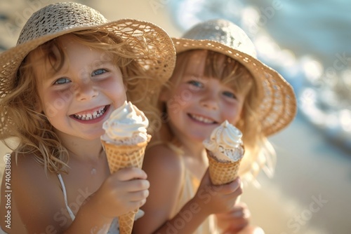 Two young girls enjoying ice cream cones on a sunny day at the beach, happy and carefree