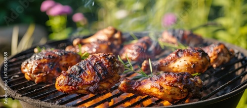 Food recipe Sate kambing lamb skewers. Ingredients include charcoal, outdoor grill rack topper, and marinated lamb cooked on an outdoor grill in a garden photo