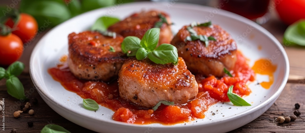 Delicious plate of freshly cooked meat topped with savory tomato sauce and fragrant basil leaves