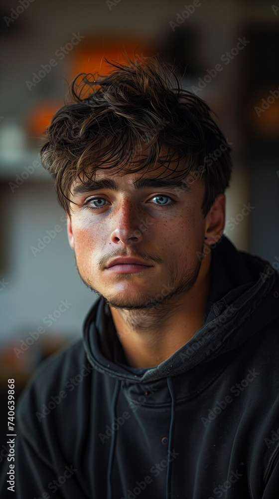 close up portrait of young man with freckles Generative AI close up portrait of young man with freckles Generative AI