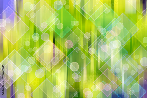 Graficzne abstrakcyjne tło geometrycznych przeźroczystych kwadratów w jasnych  barwach na tle rozmytego zielono żółtego tła z delikatnym efektem bokeh