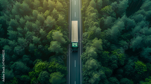 Green semi-trailer truck driving empty asphalt road transport logistics delivery freight shipping industry, Generative Ai   © Muskan