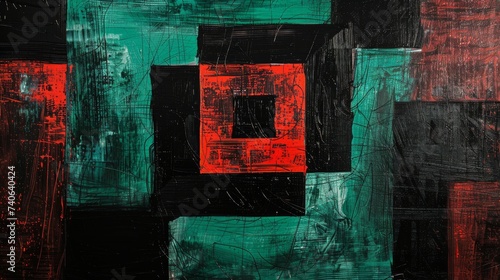 Square Black and Green Background in the Style of Colorful Complexity - Dark Red and Light Cyan Scratched Digital Art Techniques with Meticulous Lines Background created with Generative AI Technology