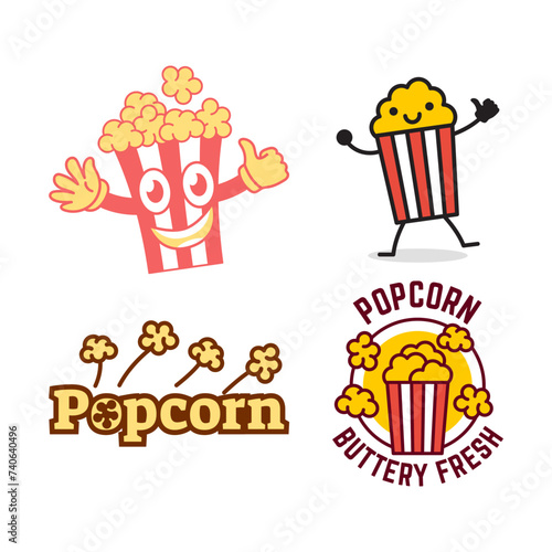 Set of Popcorn logo badge with illustration of popcorn in bucket isolated on white background