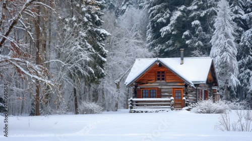 A cozy winter cabin texture background, illustrating the warmth and rustic charm of a log cabin covered in snow, nestled in a serene forest. © furyon