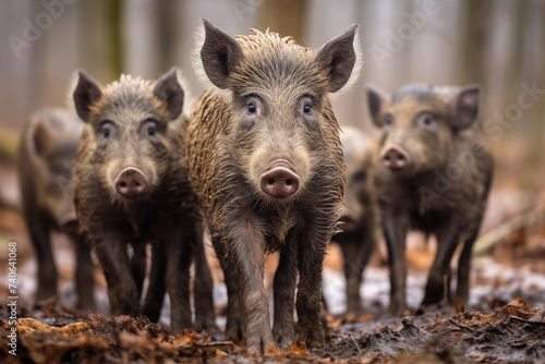 Wild pigs in the autumn forest