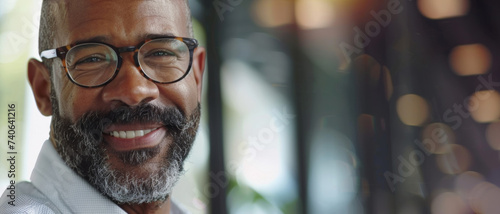 A contented man with distinguished salt-and-pepper beard and glasses offers a warm, inviting smile