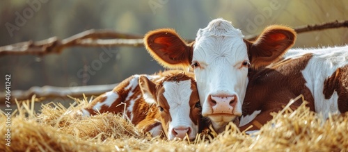 Two terrestrial animals, brown and white cows, are resting in a pile of hay in the grassland landscape of a prairie