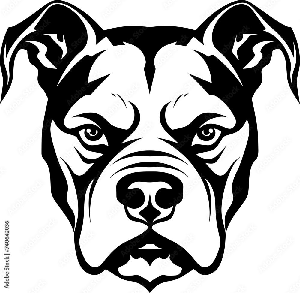 Minimalist black and white illustration of an angry pitbull head, perfect for logos. Now available as a vector.