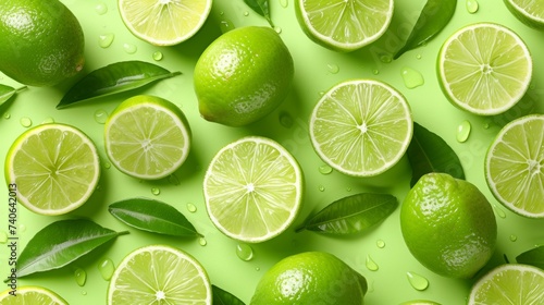 Fresh limes covered in water   top view of healthy vegetables, food background with citrus fruits.