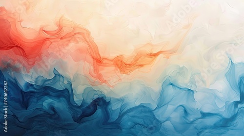 Vibrant abstract canvas with a fluid transition of colors from light blue and red to deeper shades of blue and beige photo