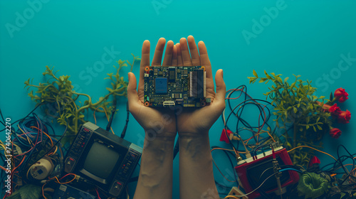 Hands holding electronic waste cables recyclable materials e-waste recycling technology environmental conservation, Generative Ai

 photo