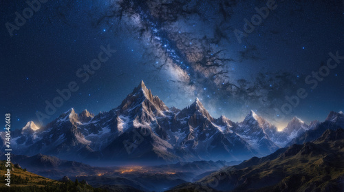 Milky Way and mountains. Amazing scene with mountains and starry sky . Rock peaks and sky with stars. Night landscape with bright milky way. Generated AI