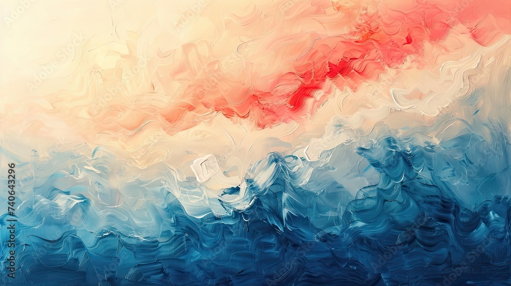 Vibrant abstract canvas with a fluid transition of colors from light blue and red to deeper shades of blue and beige - obrazy, fototapety, plakaty 