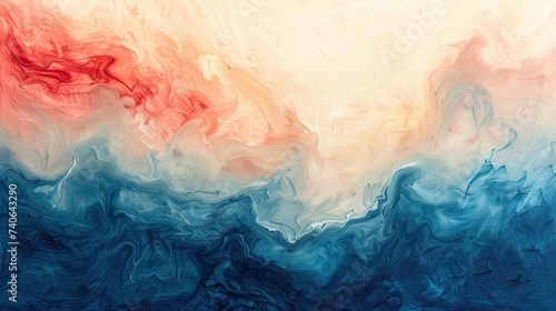 Vibrant abstract canvas with a fluid transition of colors from light blue and red to deeper shades of blue and beige photo