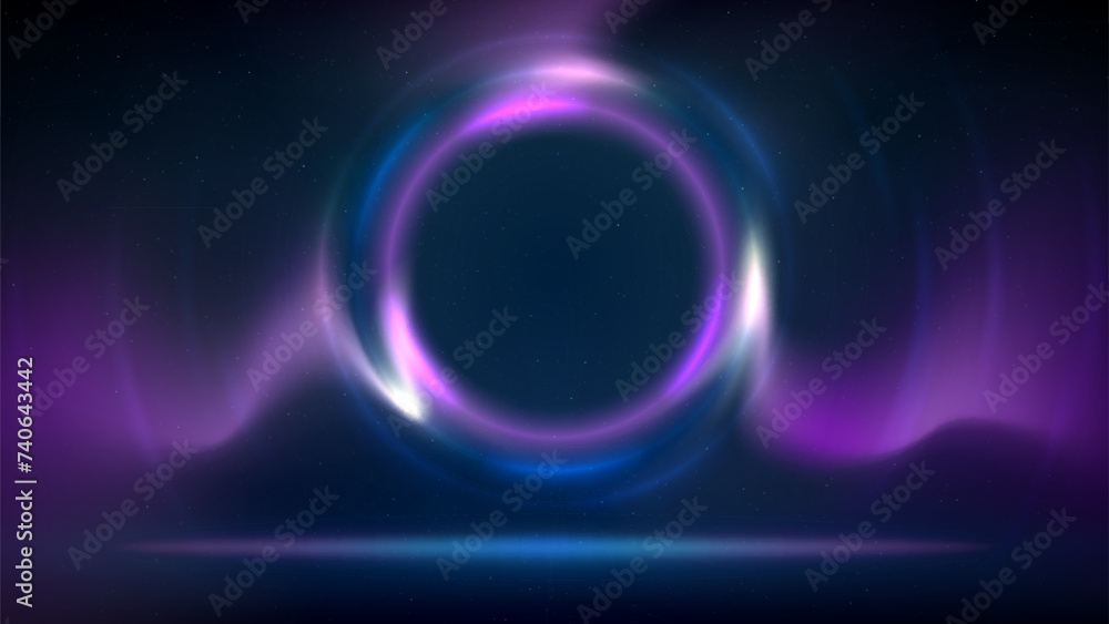 Stage with pink blue purple circular lighting background. Shining light ring. Glowing pink blue plasma circle. Stage backdrop. Background for displaying products, text, copy paste. Vector illustration