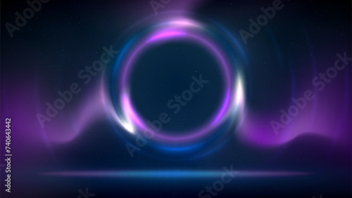 Stage with pink blue purple circular lighting background. Shining light ring. Glowing pink blue plasma circle. Stage backdrop. Background for displaying products, text, copy paste. Vector illustration