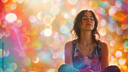 Young woman meditating with colourful bokeh background