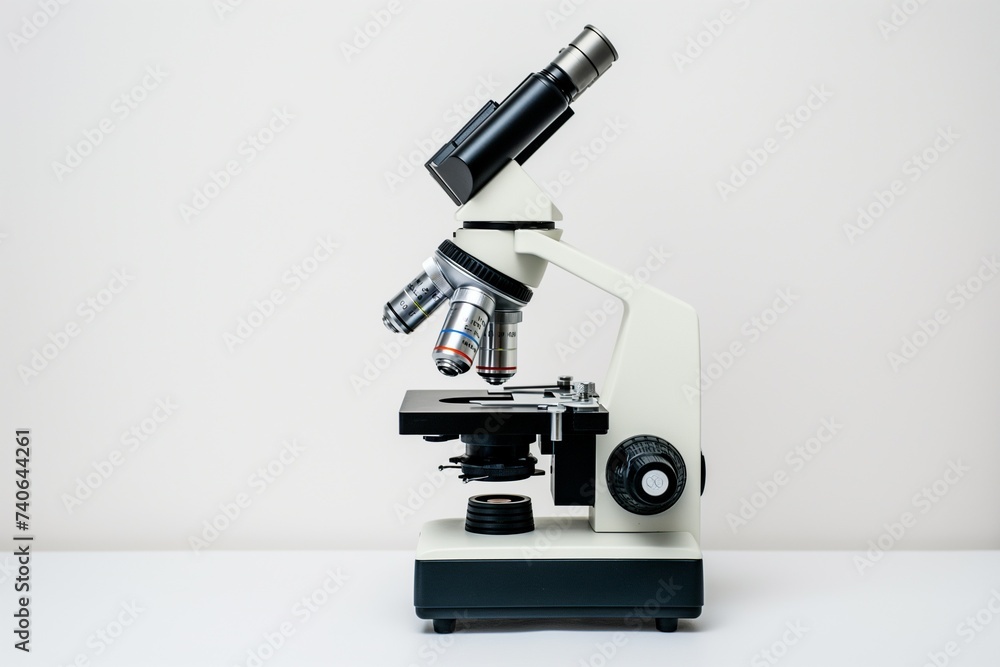microscope with metal lens on white table microscope with metal lens on white table