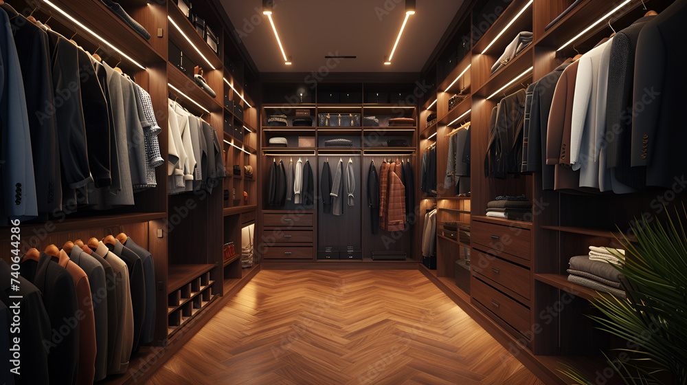 Modern Dark Wooden Walk-In Wardrobe Clothes Hanging Closet Organization Storage Space, Generative Ai

