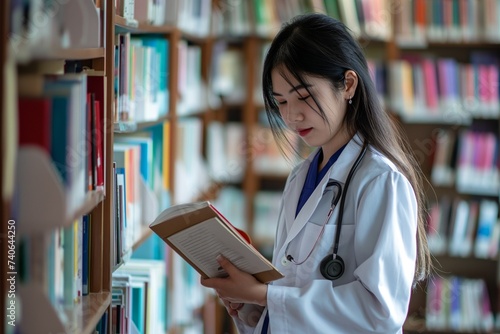 medical student studying in the library concept, woman healthcare with stethoscope reading, studying photo