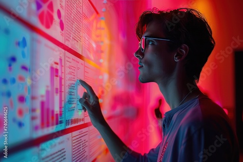 Businessman analyzing data and graphs on futuristic digital screen portrayal of modern technology in business world showcasing professional man engaged in innovative research and communication photo