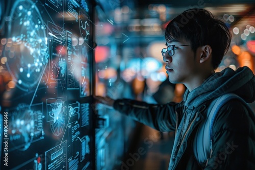 Businessman analyzing data and graphs on futuristic digital screen portrayal of modern technology in business world showcasing professional man engaged in innovative research and communication