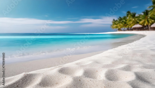 Pristine white sandy beach meets tranquil turquoise ocean under a serene blue sky with lush greenery