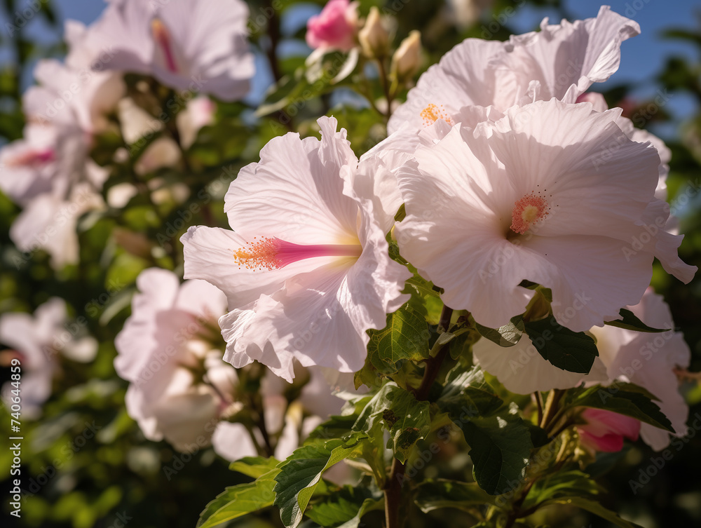 Fototapeta premium Hibiscus syriacus garden, spring, sunshine. 