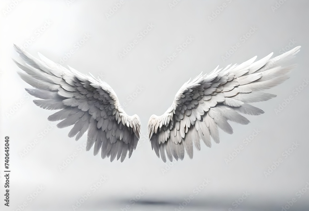 3d angel wings isolated on white background, angel wings closeup, selfie corner - obrazy, fototapety, plakaty 