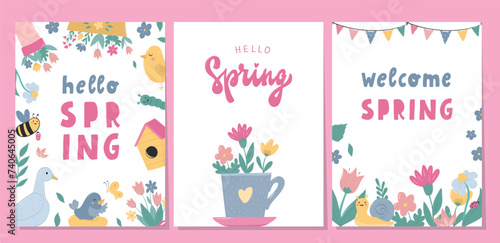 Spring cards, posters, prints, invitations with doodles and lettering quotes. Spring flowers, cartoon elements, templates, etc. EPS 10