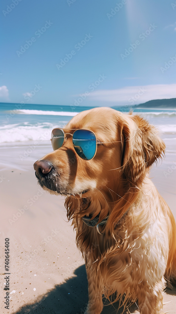dog with sunglasses on the beautiful beach.