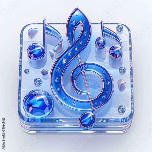 A music mote icon, blu, frosted glass, tramsparent technology sense, industrial design, whitebackground, studio lighting, 3d photo