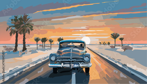 Vintage car on the road in the sunset