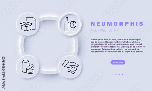 Ecology line icon. Composting, organic waste, bottle, glass, box, garbage, hand, jar. Neomorphism style. Vector line icon for business and advertising