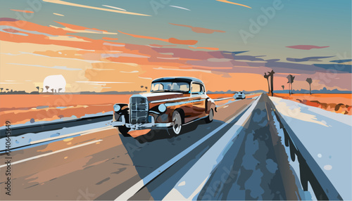 Vintage car on the road in the sunset. Ai generated