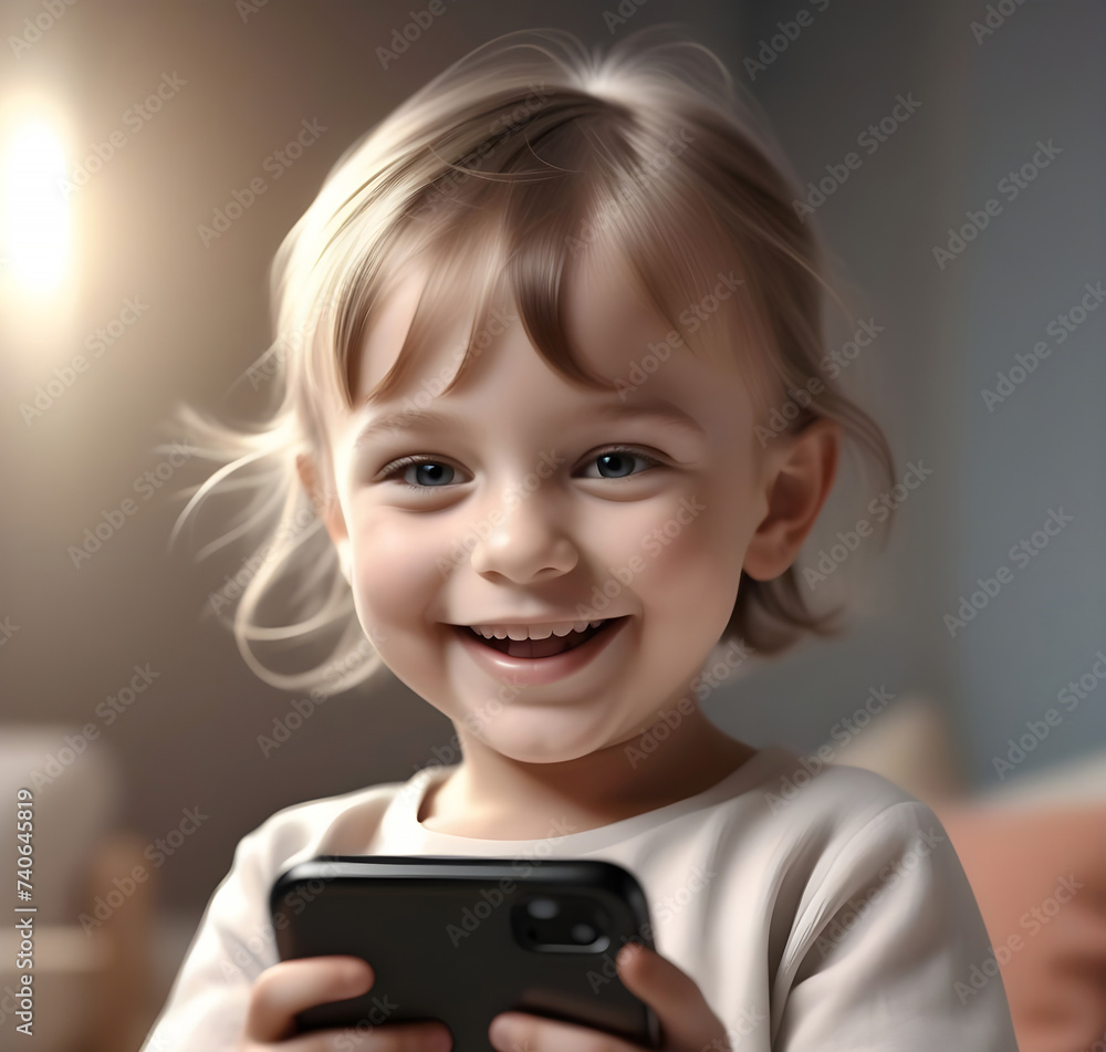 Child playing with cell phone. Fun and fun image of a child generated by AI. Child playing with cell phone. Fun and fun image of a child generated by AI.