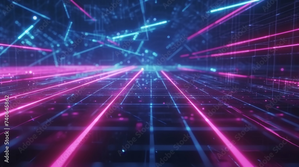 Abstract Digital Cyber Space Background with Neon Grid Lines Abstract Digital Cyber Space Background with Neon Grid Lines