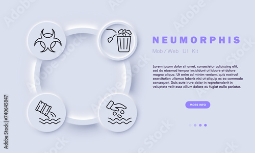 Ecology line icon. Waste , incineration, energy conversion, chemicals, tank, liquid, trash can, garbage, hand, can. Neomorphism style. Vector line icon for business and advertising