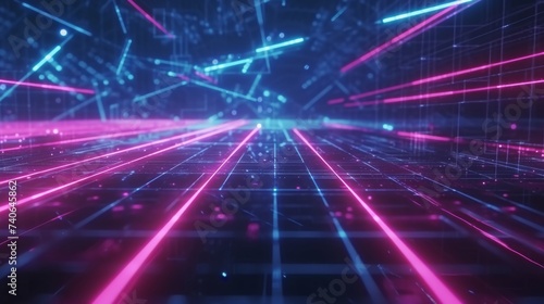 Abstract Digital Cyber Space Background with Neon Grid Lines