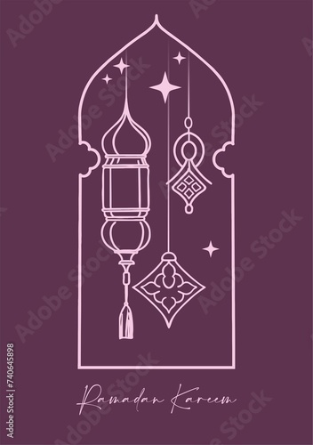 Ready-to-print poster (card) on the theme of Ramadan celebrations in deep, rich colors. Arabic motifs depicted in linear silhouettes on a colored background are suitable for posters, cards, branding,