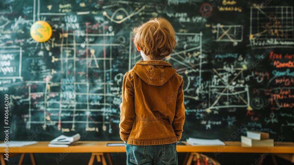 Thoughtful Young Boy Pondering Complex Chalkboard Diagrams
Thoughtful Young Boy Pondering Complex Chalkboard Diagrams