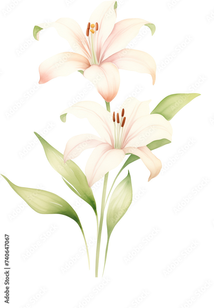 watercolor illustration lily flower and green leaves on transparent background. Florist bouquet. Easter lilies, International Women's Day, Mother's Day, wedding flowers. watercolor illustration lily flower and green leaves on transparent background. Florist bouquet. Easter lilies, International Women's Day, Mother's Day, wedding flowers.