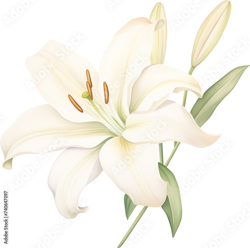 watercolor illustration lily flower and green leaves on transparent background. Florist bouquet. Easter lilies, International Women's Day, Mother's Day, wedding flowers.